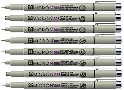 Sakura Pigma Micron pen 005 Black ink marker felt tip pen, Archival pigment ink, fine point for artist drawing pens - 8 pen set