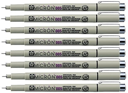 Sakura Pigma Micron pen 005 Black ink marker felt tip pen, Archival pigment ink, fine point for artist drawing pens - 8 pen set
