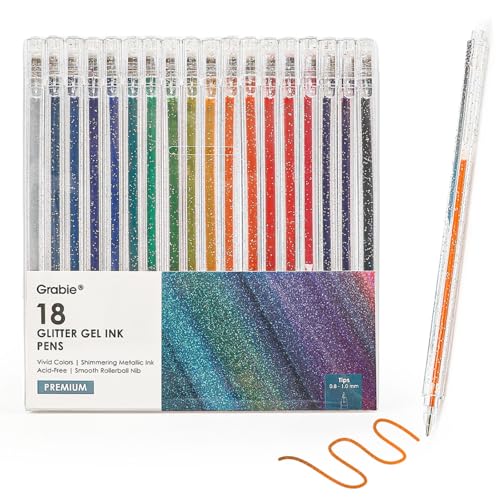 Grabie Capped Glitter Gel Pens, 18 Colors Vibrant Metallic Sparkle Gel Ink Pens for Adult Coloring Books, Drawing, Journaling, Scrapbooking & DIY Crafts, Smooth Writing Colored Art Pens - color: 18 Colors Capped Glitter Gel Pens