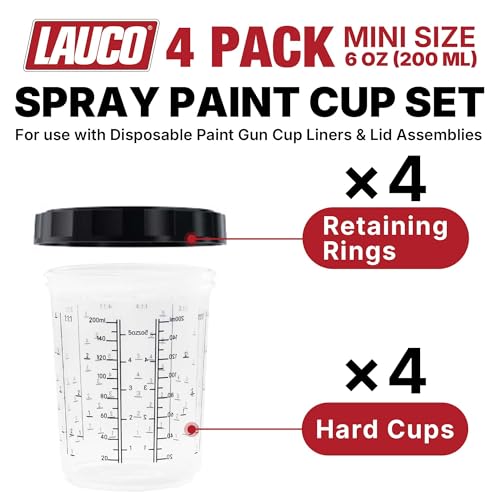 LAUCO 4 Pack Paint Spray Gun Hard Cup Set, 200ML (6.8 Oz) Reusable Mixing Cups with Retainer Rings, Compatible with Disposable Paint Cup Liner and Lid Systems for Automotive Paint, Primer, Clear Coat - size: 200ML