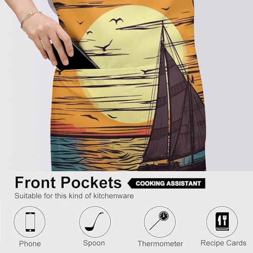 Bib Aprons Waterproof Chef Apron Fashion Painting Artist Apron | Sunset And Sailboat Apron for Men Women Adjustable Cooking Apron Funny Kitchen Aprons Polyester Art Aprons