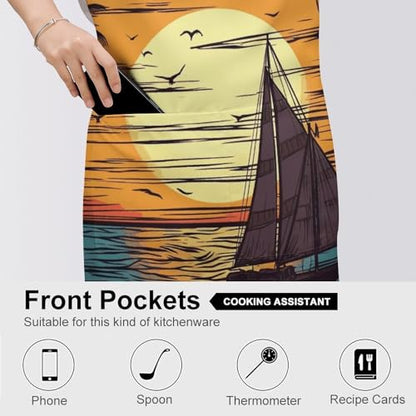 Bib Aprons Waterproof Chef Apron Fashion Painting Artist Apron | Sunset And Sailboat Apron for Men Women Adjustable Cooking Apron Funny Kitchen Aprons Polyester Art Aprons