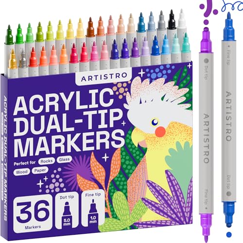ARTISTRO 36 Precision Dual-Tip Acrylic Paint Markers – Paint Pens Set with Dot & Fine Tips for Fabric, Rock, Glass, Wood, Coloring Books – Arts & Crafts Gift – Classroom Must Haves & School Supplies - style: Dual Tip (Dot +Fine)