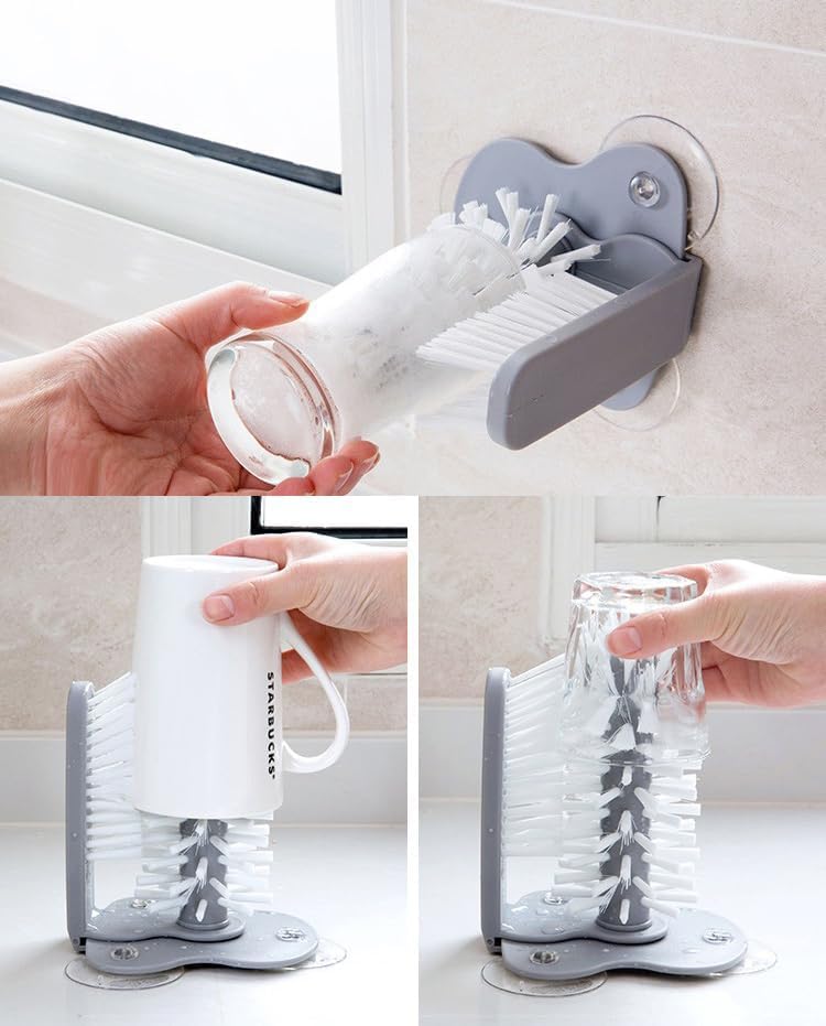 360° Glass Cup Cleaning Brush, Water Bottle Cleaning Glass Washer Cup Sink Washer Brush with Suction Base Bristle Brushfor Sink, Flexible Bristles Double Sided Glass Cup Cleaning Brush (Black+White)