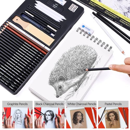 MARTCOLOR Drawing Sketching Pencils Set, 34 Pieces Pro Art Pencil Kit - Graphite Pencils (14B-4H), Charcoal Pencils, Charcoal Sticks, Artist Pencils for Beginners & Pro Artists