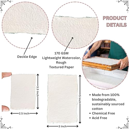 Bitskit 170 GSM Handmade Cotton Deckle Edge Paper – Lightweight, Textured Sheets for Invitations, Stationery, Journals, and Art Projects (Pack of 50) (2.5 x 3.5 inch) - size: 2.5 x 3.5 inch
