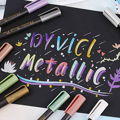 Dyvicl Metallic Brush Marker Pens - Metallic Pens Art Markers for Calligraphy, Brush Lettering, Black Paper, Rock Painting, Card Making, Scrapbooking, Fabric, Metal, Ceramic, Wine Glass, Set of 9 - style: 9 Brush tip