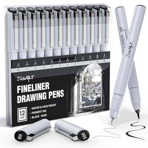 JusArt Fineliner Pens, Ultra Fine, Fine, Brush & Chisel, 12 Sizes, Waterproof Black Pigment Art Pen for Artists, Crafters, Illustration, Sketching, Writing, Bible Journaling, Technical Drawing Pens