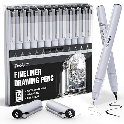 JusArt Fineliner Pens, Ultra Fine, Fine, Brush & Chisel, 12 Sizes, Waterproof Black Pigment Art Pen for Artists, Crafters, Illustration, Sketching, Writing, Bible Journaling, Technical Drawing Pens