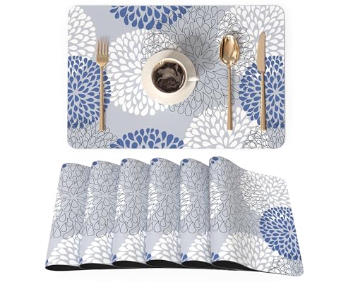 QIYI Placemats Set of 6, 12x18 Inch Faux Leather Place Mats for Kitchen Dinning, Heat Resistant Anti Slip Flower Table Mats, Waterproof Wipeable Washable Placemat Party Table Décor, Blue Floral Burst - color: Blue Floral Burst, size: Set of 6