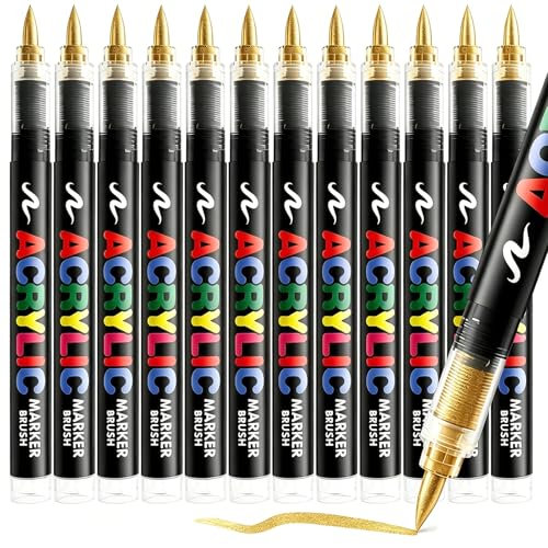 12 Gold Paint Pen, Brush Tip Acrylic Paint Markers for Rock Painting, Wood, Glass, Ceramic, Canvas, Fabric, Stone, Decoration, DIY Crafts Kit Making, Art Supplies - color: 12 Gold