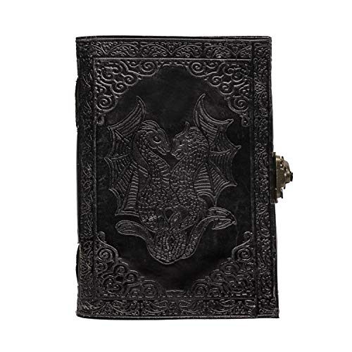 AzureGreen DOUBLE DRAGON Blank Page BOOK Handcrafted Leather Writing Unlined 5 x 7 JOURNAL - color: Royal Black