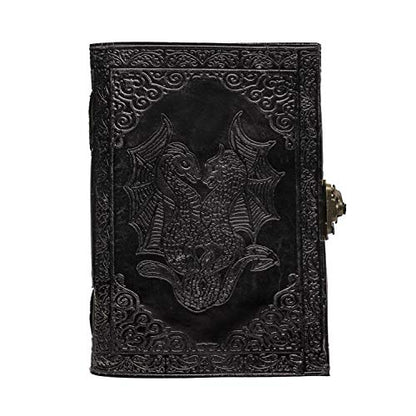 AzureGreen DOUBLE DRAGON Blank Page BOOK Handcrafted Leather Writing Unlined 5 x 7 JOURNAL - color: Royal Black