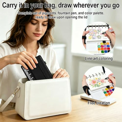 Travel Watercolor Set, 16 Colors Standard (8 Matte & 8 Shimmer), Pocket Paint Set with 30-Sheet 300G Cotton Sketchbook, Detachable Palette, Water Cup & Water Brush, Black - color: Black
