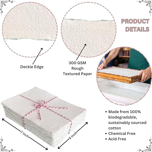 300 GSM Deckle Edge Cotton Paper - Soft, Textured Handmade Sheets for Invitations, Artwork, Stationery, and DIY Crafting (Pack of 25) (5 x 7 inch) - size: 5 x 7 inch