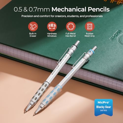 Nicpro Blocky Gear 0.5 mm & 0.7 mm Mechanical Pencils Set in Case, Metal Pencil with 6 Tube Lead Refills, Eraser, Eraser Refills for Professional & Adult Art Writing Drafting Drawing Sketching - style: 0.5 0.7 mm
