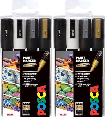 posca Markers Set, 4 Medium Paint Markers 5M – Mono Tones – Black, White, Gold, Silver (Pack of 2) - color: Black, White, Gold, Silver, size: 1 Count (Pack of 8)
