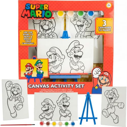 Super Mario Canvas Painting Kit for Kids, 3 Preprinted Mini Canvases for Painting, Easel, 6 Paint Pots and Brush, Acrylic Paint Set for Children - color: Super Mario