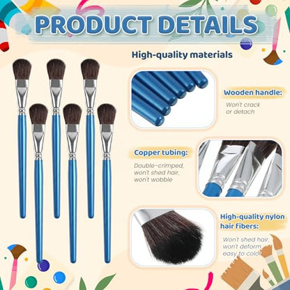 6 PCS Mop Brush for Acrylic Painting, 1 Inch Oval Watercolor Mop Brush | Mop Paint Brush, Blending Paint Brush with Wooden Handle for Acrylic Painting, Watercolor, Gouache, Face Body(Blue)
