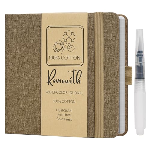 Watercolor Journal Sketchbook, 5.5" x 5.5" Sketch Books Artist Cotton Watercolor Paper Notebook, Linen Cover with Tap Water Pen, 24 Sheets 140 LB, 300 GSM for Travel Sketching On The Go Art - color: Brown, size: 5.5x 5.5 Inch