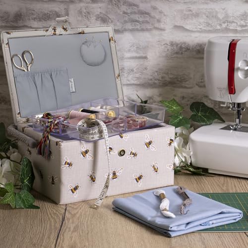 Hobby Gift Medium Sewing Box Organiser, Fabric Covered Storage Box with Handle, Internal Tray, Pin Cushion and Pocket for Sewing, Quilting and Knitting Supplies - color: Bee