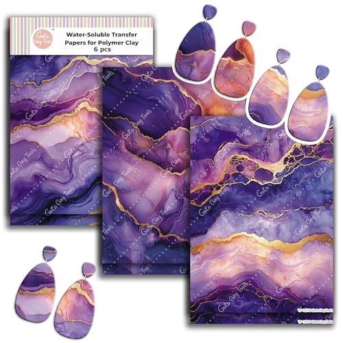 Purple Marble Clay Transfer Paper – 6 Pcs, Transfer Paper for Polymer Clay, Marble Effect Polymer Clay Transfer Sheet for Jewelry Making - color: Purple Marble Clay