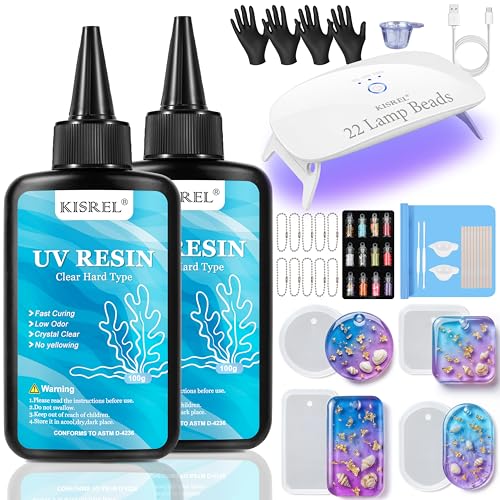 KISREL UV Resin Jewelry Making Kit, 200g Crystal Clear UV Resin Kit with Light - 22 LED UV Beads, Large UV Lamp Resina Starter Kit for Keychain, Earring, DIY Crafts - size: UV200g+22Lamp Beads