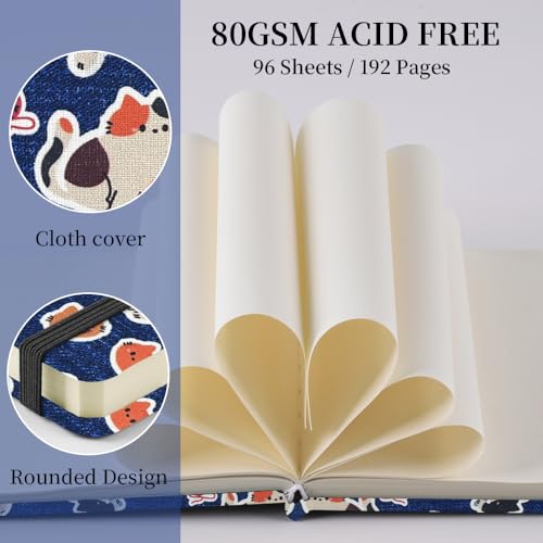 Square 4.8x4.8 inches 80gsm 96sheets/192 Pages Notebooks Blank Sketchbooks Travel Journal Pocket Hardcover Paint Writing Diary Memo Planner Cloth Cover. Line Ball Cat - color: Cloth Cover-4.8x4.8in-Line Ball Cat