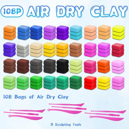 Air Dry Clay-108 Pack 36 Colors Modeling Clay for Kids, Boys and Girls, Air Dry Clay Bulk Kit for Adults with 3 Sculpting Tools and Instructions, Safe, Non-Toxic, DIY Model Magic Clay Gifts Kids Toys - color: 108 Pack