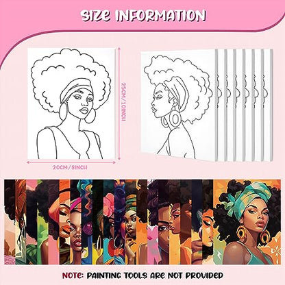 Sherr 20 Pcs Stretched Pre Drawn Canvas African American Canvas to Paint Afro Queen Black Art for Painting for Adults Outline Pre Drawn Stretched Cotton Art to Paint Party Set, 8 x 10 - style: Vivid