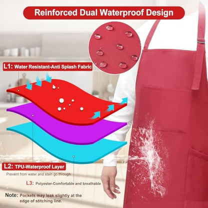 SHEOMERN 3 Pcs Dual Waterproof Oilproof Kitchen Chef Aprons with 4 Pockets for Men Women, Adjustable Soft Anti-Tear Cooking Bib Apron for Baking Grilling BBQ Painting Cleaning (Red) - color: Red