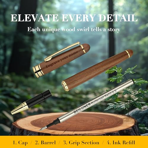 BEILUNER Luxury Personalized Wood Ballpoint Pen Writing Set,Walnut-Elegant Fancy Nice Gift Pen Set for Signature Executive Business Office Supplies - Christmas Gift Boxed with Extra Refills (Black) - color: ,Walnut(Personalized)