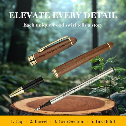 BEILUNER Luxury Personalized Wood Ballpoint Pen Writing Set,Walnut-Elegant Fancy Nice Gift Pen Set for Signature Executive Business Office Supplies - Christmas Gift Boxed with Extra Refills (Black) - color: ,Walnut(Personalized)