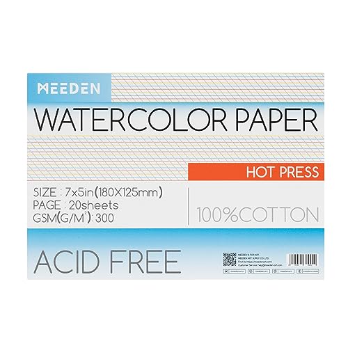 MEEDEN Watercolor Paper Block, 100% Cotton Watercolor Paper Pad of 20 Sheets, 140lb/300gsm, Acid-Free Art Paper for Watercolor, Gouache, Ink and More, 5" x 7" Hot Press - color: Hot Press, size: 5×7"