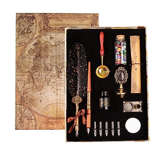 Joyeee Calligraphy Pen and Ink Set, with Wax Seal Stamp Kit, Bottled Dip Pen Ink, Metal Sealing Wax Stamp, Envelopes, Letter Paper for Writing, Decoration Holiday Gift for Family, Friends, Brother - color: #99 Black feather pen ink set