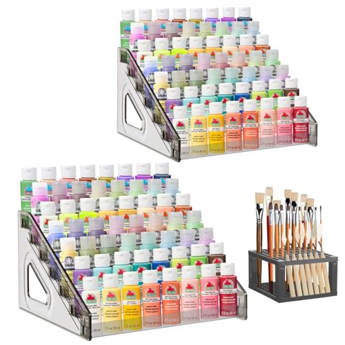 YEXEXINM 2 Pcs Clear Paint Organizer With Paint Brush Holder,7 Layers Acrylic Paint Organizer,Paint Storage Rack,Craft Paint Organizer Rack,Miniature Paint Holder for Paint Storage(Gray) - color: Clear Gray