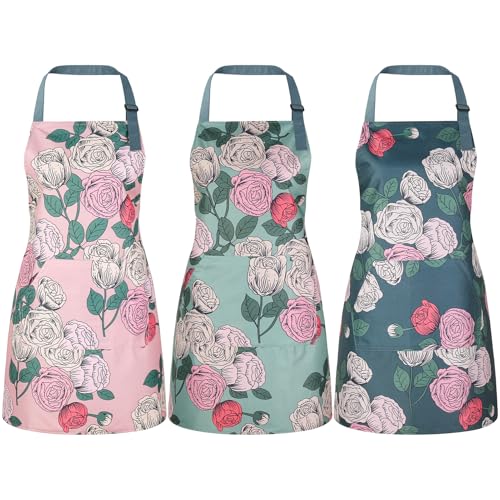 3 Pack Floral Aprons for Women with 2 Pockets, Mother's Day Women Apron Waterproof Adjustable Cooking Aprons for Kitchen, Gardening, Baking, Salon Apron Gift for Mom Wife Sister Grandma