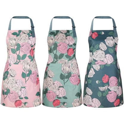 3 Pack Floral Aprons for Women with 2 Pockets, Mother's Day Women Apron Waterproof Adjustable Cooking Aprons for Kitchen, Gardening, Baking, Salon Apron Gift for Mom Wife Sister Grandma