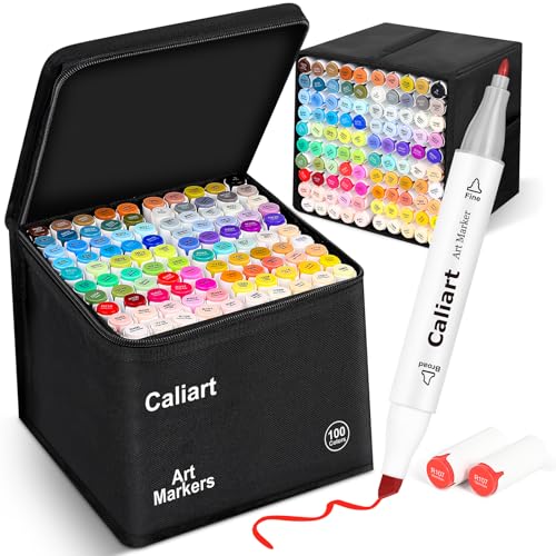 Caliart Alcohol Markers 100 Colors Dual Tip Fine & Chisel Art Markers Pens | Permanent Alcohol Based Sketch Markers Set with Case for Artists, Adults Coloring Books, Drawing Illustration (White Barrel) - color: White, size: 1 Count (Pack of 100)