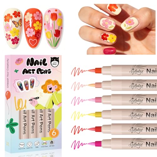 6 Colors Nail Art Pens, 3D Nail Polish Pens Set 0.7mm Quick-Drying Acrylic Paint Markers Dotting Liner Drawing Pens for Nail Design, DIY Home Salon Manicure Tools Halloween Beginners Gifts - color: grey