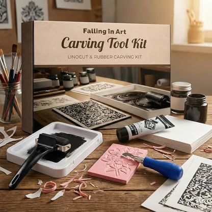 Falling in Art Linocut Kit for Printmaking, Rubber Block Stamp Printing Kit with Linoleum Blocks, Ink Paint and Brayer, DIY Carving Gift for Beginners and Artists - size: 34 Pcs