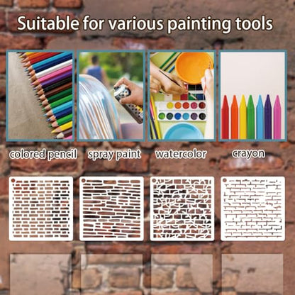 12 Sheets Mottled Brick Texture Stencils for Painting, 12 Styles Branch Cell Geometric Pattern Stencil Template Abstract Texture Stencils for Painting on Wall Wood Home Decor - style: Brick Wall Texture