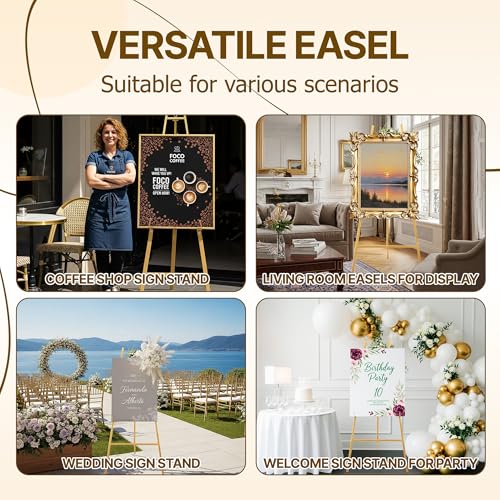 57.5" Gold Easel Stand for Sign, Wedding Sign Stand for Display, Assembly Required, 4 Adjustable Height Levels Heavy Duty Metal Display Stand Floor Standing Easels for Art, Paintings, Pictures