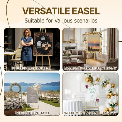57.5" Gold Easel Stand for Sign, Wedding Sign Stand for Display, Assembly Required, 4 Adjustable Height Levels Heavy Duty Metal Display Stand Floor Standing Easels for Art, Paintings, Pictures