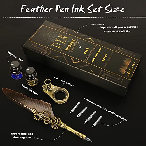Aifeiter Feather Pen ink Set,Calligraphy Pen Set,Includes:Quill Pen,2 Bottles of Color ink,2 in one Holder,4 Stainless Steel Nibs,Black Gift Box-Grey - color: Grey1