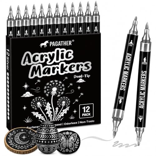 Pagather Silver Acrylic Paint Markers, 12 Pack Dual Tip with Fine Tip and Brush Tip Pens for Fabric, Stone, Wood, Canvas, Ceramic, Metal - color: 12 Silver