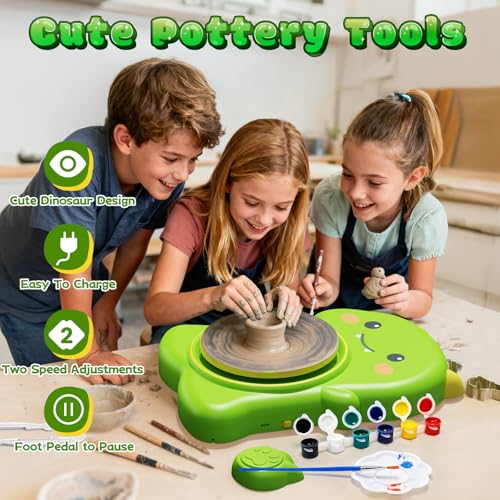 Skirfy Mini Pottery Wheel Kit for Beginners Kids,Electric Ceramic Wheel with Foot Pedal&Painting Kit, Adjustable Speed,Clay Spinner DIY Tools for Art Craft Birthday (Green Dinosaur) - color: green