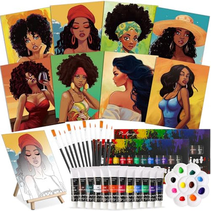 Cholemy 36 Pcs Paint and Sip Kit for Adults 8''x10'' Pre Drawn Canvas for Painting DIY Afro Acrylic Painting Kit Wood Easel Brushes Date Night Bulk for Summer 4th of July Party Gift(Fashion Women) - style: Fashion Women