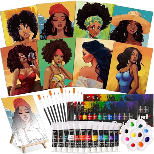 Cholemy 36 Pcs Paint and Sip Kit for Adults 8''x10'' Pre Drawn Canvas for Painting DIY Afro Acrylic Painting Kit Wood Easel Brushes Date Night Bulk for Summer 4th of July Party Gift(Fashion Women) - style: Fashion Women