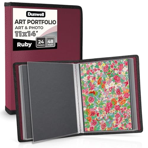 Dunwell 11x14 Art Portfolio Binder with Mounting Paper (Ruby), Large Portfolio Folder for Artwork Storage, 24 Sleeves Displays 48 Pages, Acid-Free Poly 11 x 14 Presentation Book - color: Ruby, size: 11x14" w/ BLK Paper